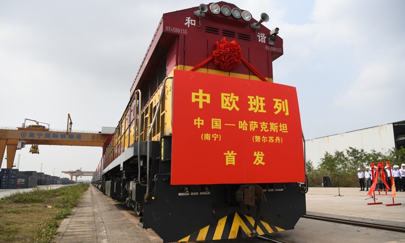 A freight train bound for Kazakhstan is seen in Nanning international railway port in south China's Guangxi Zhuang Autonomous Region, March 13, 2021.(Photo: Xinhua)