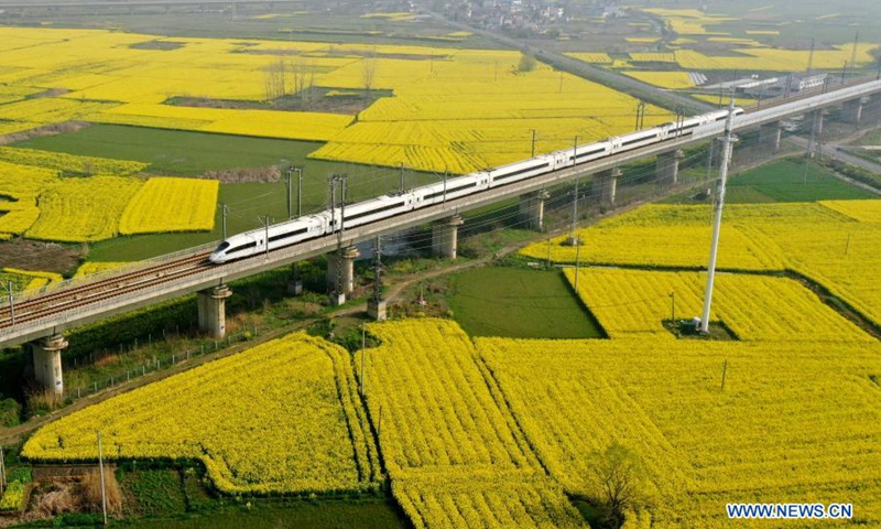 Aerial photo taken on March 14, 2021 shows a bullet train running on a railway bridge over the cole flower fields in Chaohu, east China's Anhui Province.(Photo: Xinhua)