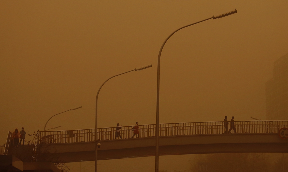 Beijing city issued a yellow alert for sandstorm as a severe sandstorm smothered the capital and other northern Chinese regions Monday morning. The meteorological agency called it the 