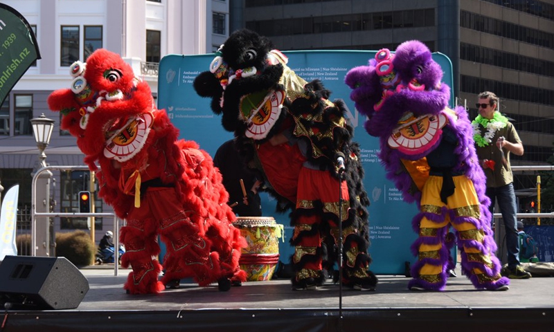 A lion dance is performed during an activity to celebrate St. Patrick's Day in Wellington, New Zealand, March 14, 2021. (Photo: Xinhua)