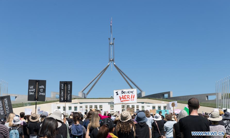 Photo taken on March 15, 2021 shows marches and protests in front of the Parliament House in Canberra, Australia. Photo:Xinhua