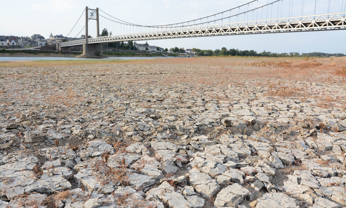 Loire Basin Extremely Low Level - France. A picture taken on July 25, 2019 shows a dry part of the River Loire in Ancenis-Saint-Gereon, western France, as drought conditions prevail over much of western Europe. Photo: VCG