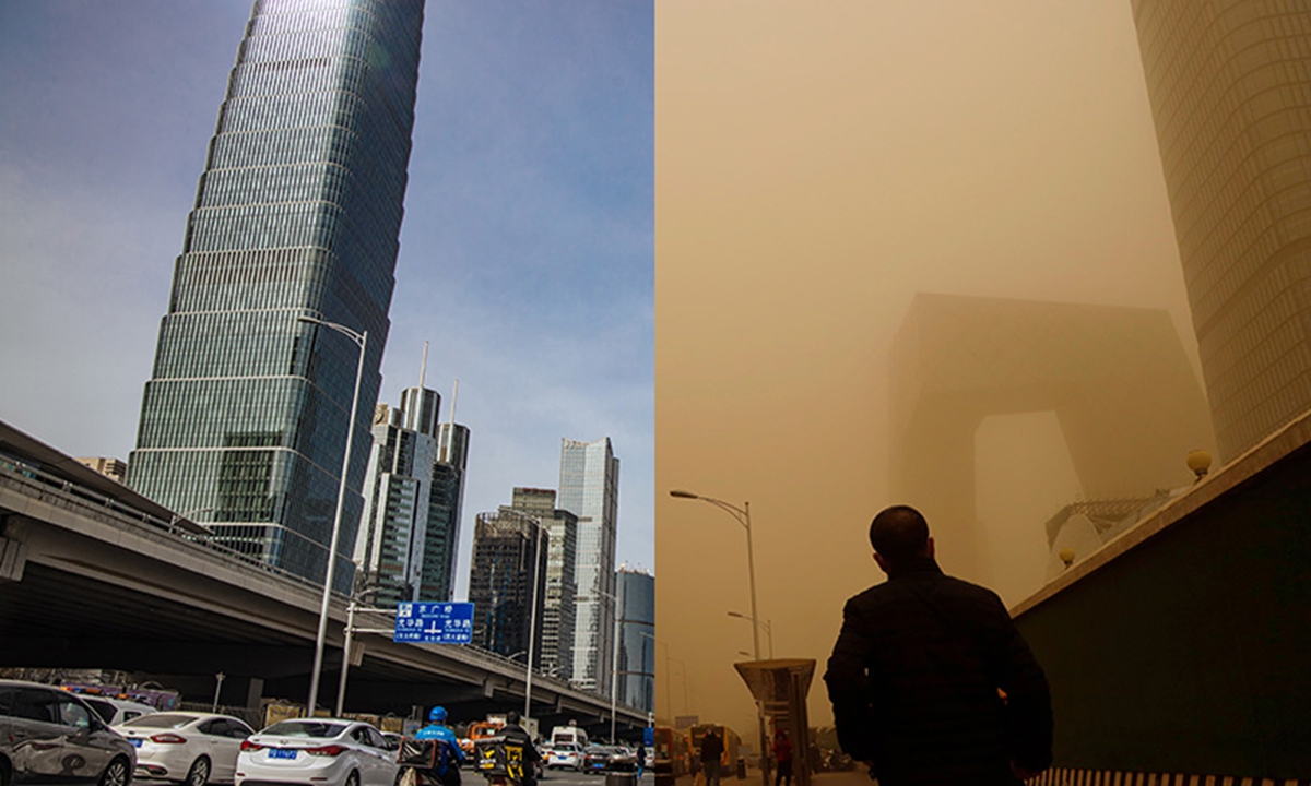 After being enveloped by sand and dust for a whole day on Monday in the largest sandstorm in a decade, Beijing has cleared up and the yellow warning for sandstorms was lifted on Tuesday morning, with the city a picture of blue skies and sunshine. Photo: Li Hao/GT