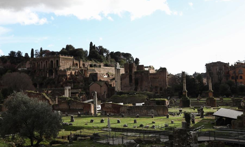 The Roman Forum is closed in Rome, Italy, March 15, 2021. Italy entered into a new period of semi-lockdown on Monday, with over half of its 20 regions falling into the red zone and subject to the maximum level of restrictions.(Photo: Xinhua)