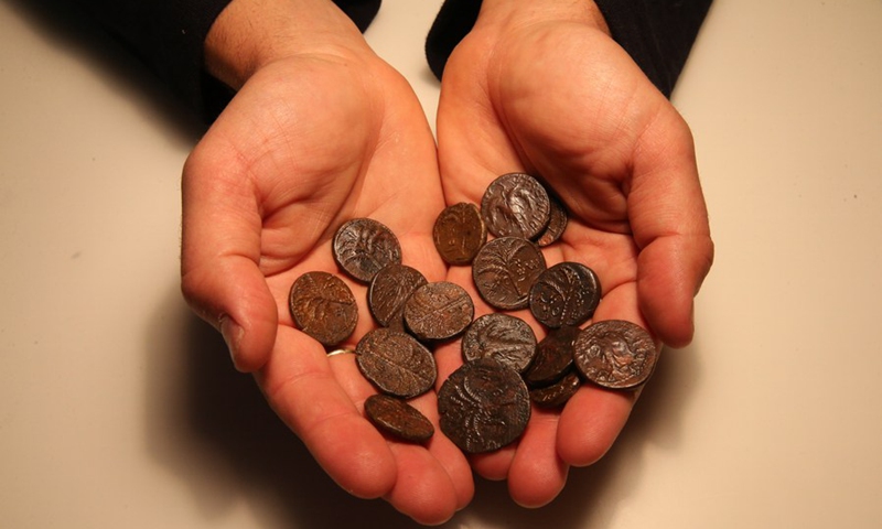 Rare Jewish coins from about 2,000 years ago are seen in the Israel Museum in Jerusalem on March 16, 2021.(Photo: Xinhua)