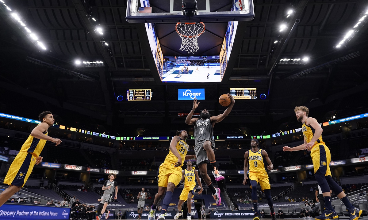 James Harden of the Brooklyn Nets shoots the ball against the Indiana Pacers on Wednesday in Indianapolis, Indiana. Photo: VCG
