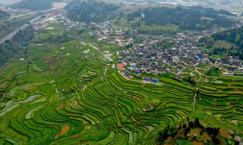 Aerial photo taken on March 19, 2021 shows a view of the Gaoyao terraced fields in Longquan Township of Danzhai County, southwest China's Guizhou Province. Photo: Xinhua