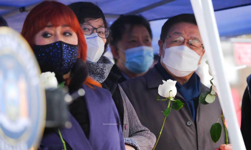 People attend an event to honor the victims of the shootings in the Atlanta Metropolitan area, in New York, the United States, March 18, 2021.  Photo: Xinhua