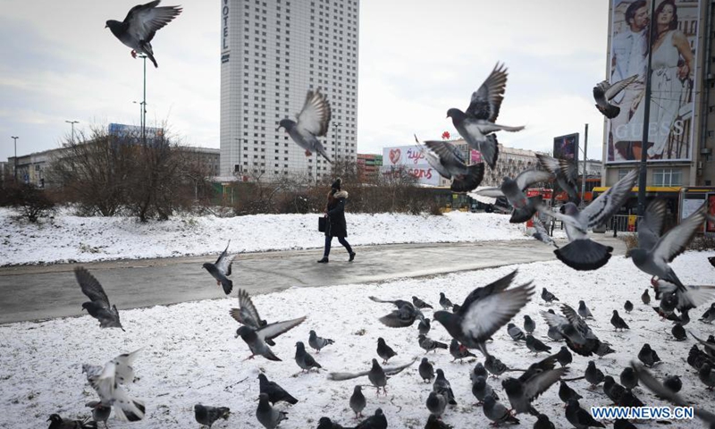 A woman wearing a face mask walks past some pigeons in central Warsaw, Poland, on March 20, 2021. The government of Poland announced a new nationwide partial lockdown on Friday after the cumulative number of COVID-19 cases since the start of the pandemic exceeded two million in the country.(Photo: Xinhua)