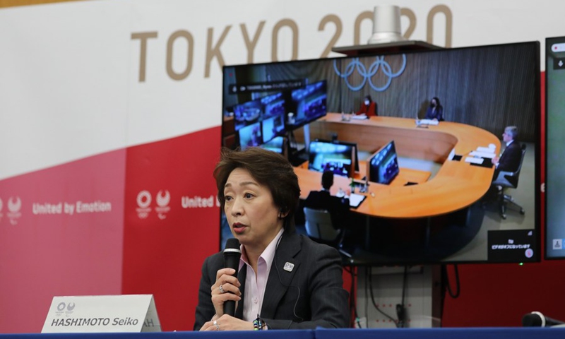 Seiko Hashimoto, president of the Tokyo Organising Committee of the Olympic and Paralympic Games, speaks during the five-party meeting at the Tokyo 2020 headquarters in Tokyo, Japan, on March 3, 2021.(Photo: Xinhua)