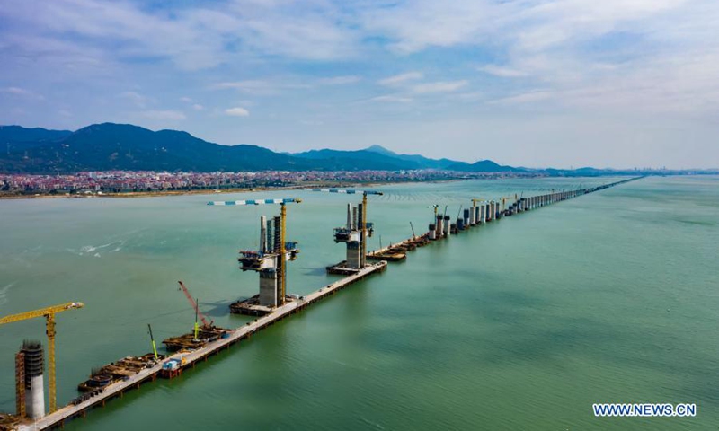 Aerial photo taken on March 10, 2021 shows the construction site of Meizhou Bay cross-sea bridge of the Fuzhou-Xiamen high-speed railway in southeast China's Fujian Province. Photo: Xinhua