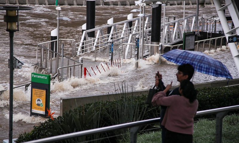 Flood is seen at Parramatta wharf in Sydney, Australia, on March 20, 2021. Australia's most populous state of New South Wales (NSW) has been experiencing extreme weather condition as record rainfall is triggering burst riverbanks, dam spillover, road blocks and evacuations.(Photo: Xinhua)