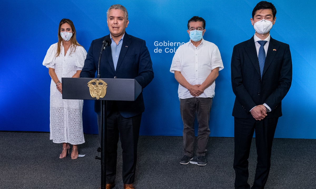 Colombian President Ivan Duque speaks at a press conference to welcome a new batch of COVID-19 vaccines from Chinese pharmaceutical company Sinovac in Barranquilla, Colombia on Saturday. The vaccines from Chinese company Sinovac arrived in Bogota on Saturday. Photo: Xinhua

