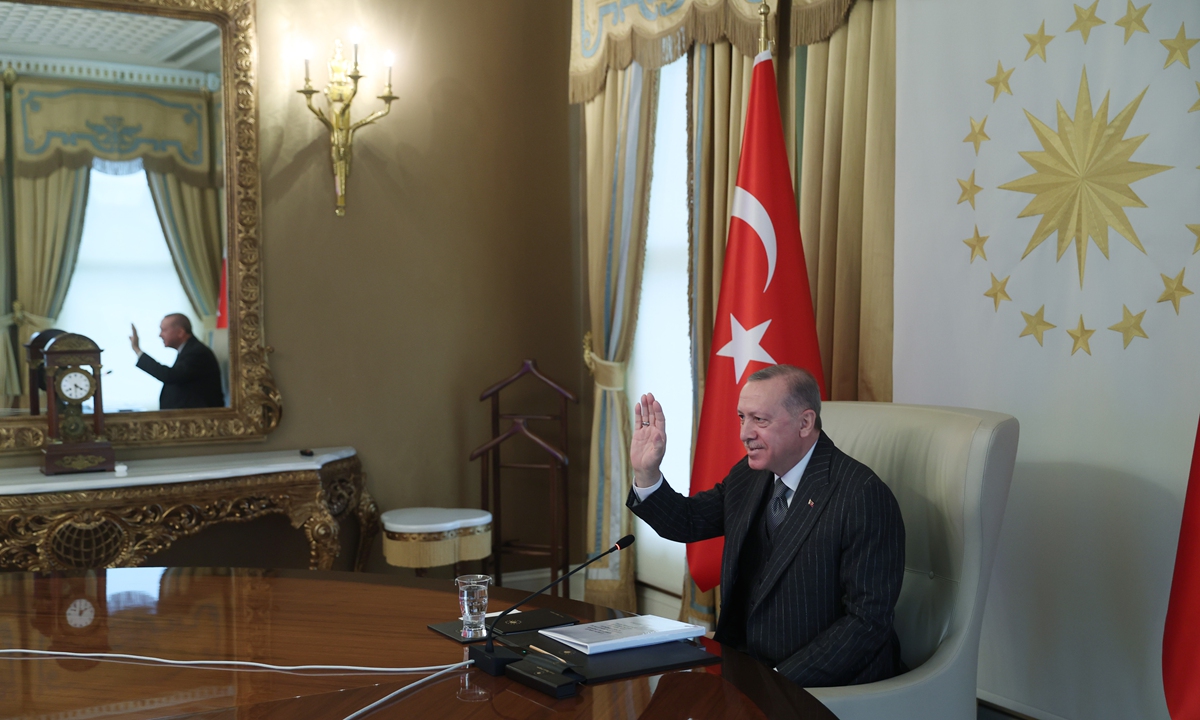 Turkish President Recep Tayyip Erdogan attends a video conference meeting with European Council President Charles Michel and European Commission President Ursula von der Leyen at the Vahdettin Pavilion in Istanbul, Turkey on March 19, 2021. Photo: VCG