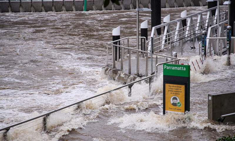 Flood is seen at Parramatta wharf in Sydney, Australia, on March 20, 2021.(Photo: Xinhua)