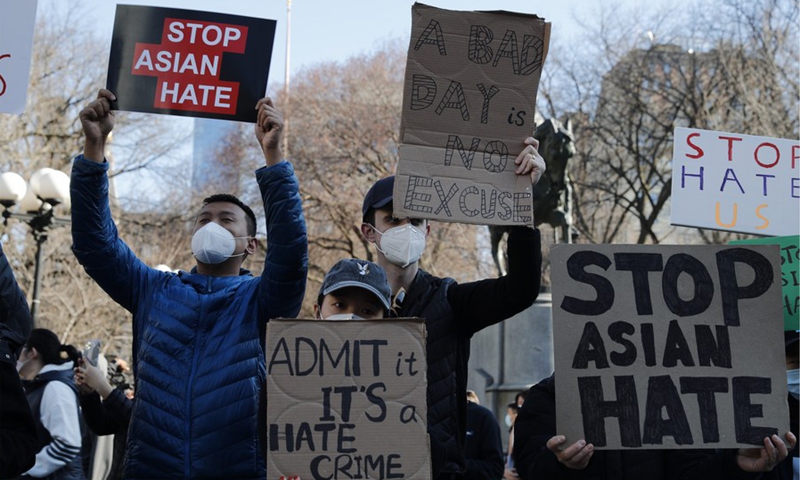 People take part in a protest against Asian hate in New York, the United States, on March 21, 2021.(Photo: Xinhua)