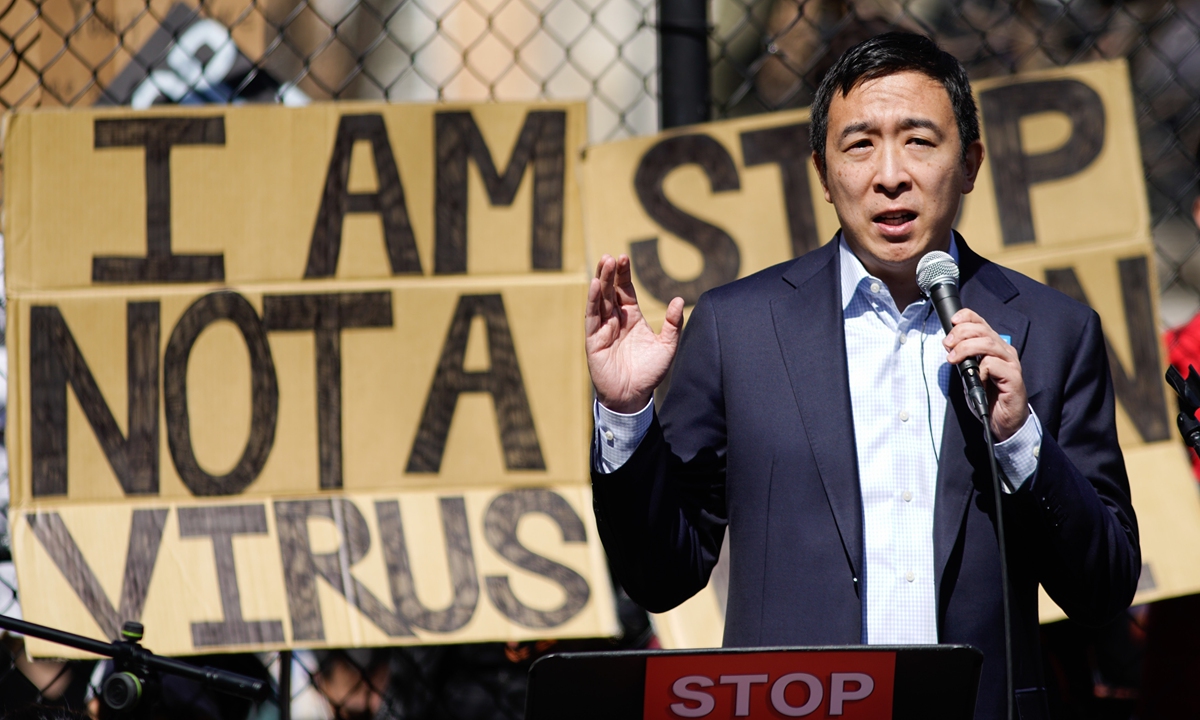 Democratic mayoral candidate Andrew Yang speaks to people as they take part in a rally against hate at Columbus Park in China Town, on Sunday, March 21, 2021, in New York. Photo: VCG