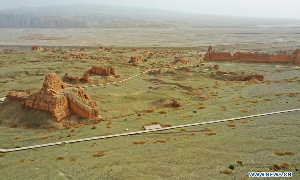 Aerial photo taken on March 22, 2021 shows the ruins of the Subax buddhist temple in Kuqa City of northwest China's Xinjiang Uygur Autonomous Region. The Subax buddhist temple, intially built in the 3rd century A.D., was once an influential temple in the ancient Qiuci State. (Xinhua/Su Chuanyi)
