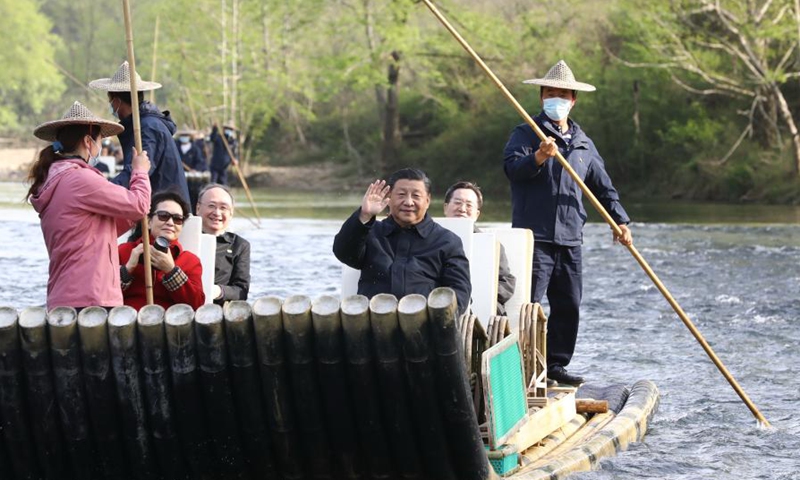 Xi Jinping, general secretary of the Communist Party of China Central Committee, inspects local ecological and environmental protection work along Jiuqu River in Nanping City, Fujian Province, March 22, 2021. Xi Jinping on Monday arrived in Fujian Province for inspection. Photo: Xinhua