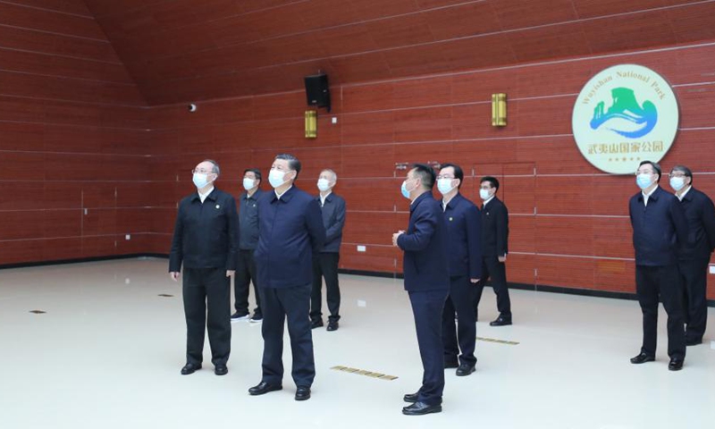 Xi Jinping, general secretary of the Communist Party of China Central Committee, learns about local efforts to promote ecological progress while visiting an intelligent management center in the Wuyishan National Park in Nanping City, Fujian Province, March 22, 2021. Xi Jinping on Monday arrived in Fujian Province for inspection. (Xinhua/Ju Peng)