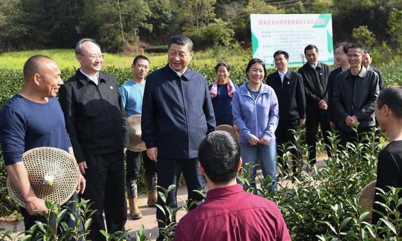 Xi Jinping, general secretary of the Communist Party of China Central Committee, learns about local efforts to develop the tea industry while visiting an eco-friendly tea garden in Nanping City, Fujian Province, March 22, 2021. Xi Jinping on Monday arrived in Fujian Province for inspection. Photo: Xinhua