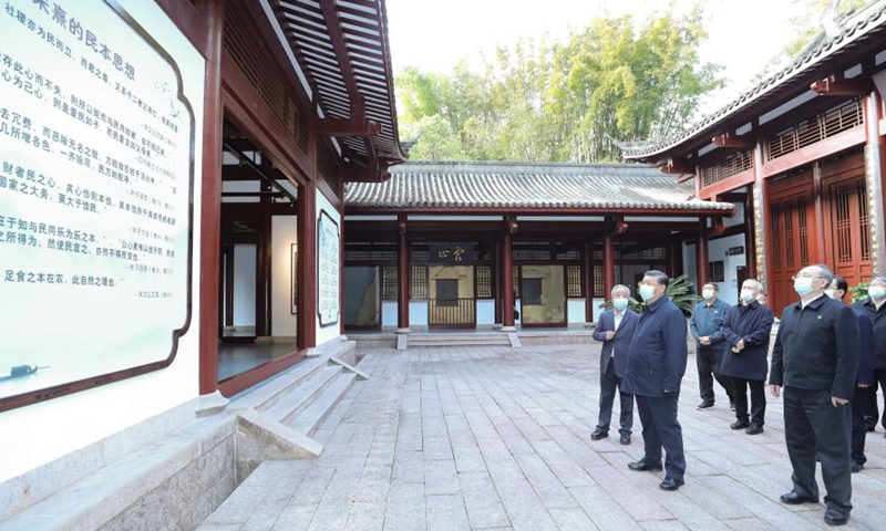 Xi Jinping, general secretary of the Communist Party of China Central Committee, learns about local efforts to pass on traditional culture while visiting a park dedicated to Zhu Xi, a renowned Chinese philosopher in the 12th century, in Nanping City, Fujian Province, March 22, 2021. Xi Jinping on Monday arrived in Fujian Province for inspection. Photo: Xinhua
