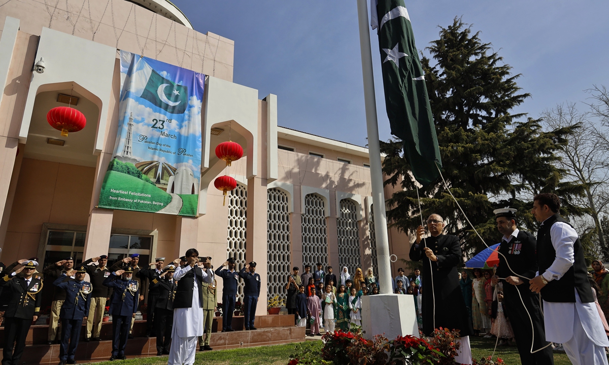 Pakistani Ambassador to China Moin ul Haque at the national flag hoisting ceremony on Tuesday at the Pakistani Embassy in Beijing Photo: Li Hao/GT
