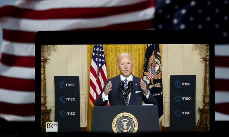 Photo taken in Arlington, Virginia, the United States, on Feb. 19, 2021 shows a screen displaying U.S. President Joe Biden speaking in Washington, D.C. during a virtual event with the Munich Security Conference in a video provided by the U.S. State Department.(Photo: Xinhua)