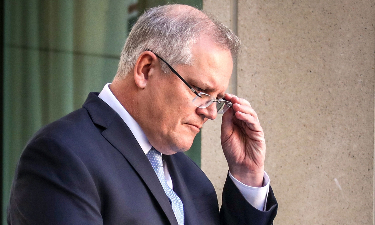 Australia's Prime Minister Scott Morrison reacting during a press conference at Australia's Parliament House in Canberra on March 22, 2021. Photo: VCG