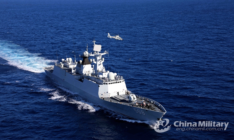 A ship-borne helicopter attached to a naval flotilla under the PLA Southern Theater Command takes off from the guided-missile frigate Hengyang (Hull 568) during a combined arms training exercise. The flotilla under training has traveled more than 8,000 nautical miles in over 30 days, conducting dozes of exercise items including air and missile defense, anti-terrorism and anti-piracy operation, and joint search and rescue. Photo: China Military Online