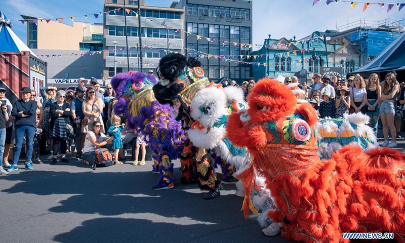 People watch a lion dance performance during the outdoor arts and music festival CubaDupa in Wellington, New Zealand, March 27, 2021. The Cuba Street Precinct in New Zealand's capital here has come alive over the weekend as Chinese lion dances and traditional Chinese music adorned New Zealand's largest outdoor arts and music festival CubaDupa.(Photo: Xinhua)
