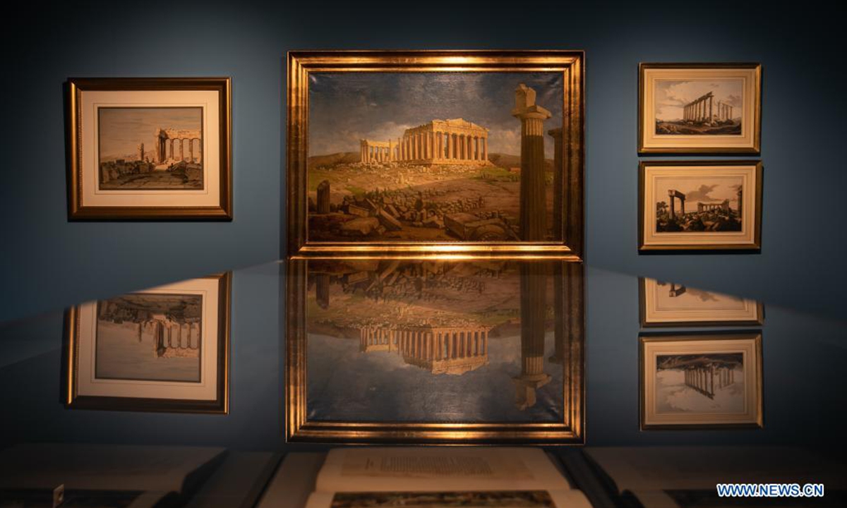 Photo taken on March 26, 2021 shows 19th-century European paintings depicting classical Athenian landscapes at Philhellenism Museum in Athens, Greece. The newly founded Philhellenism Museum opened its door here in March, just in time for the celebration of the 200th anniversary of the start of the Greek War of Independence on Thursday. (Photo by Lefteris Partsalis/Xinhua)