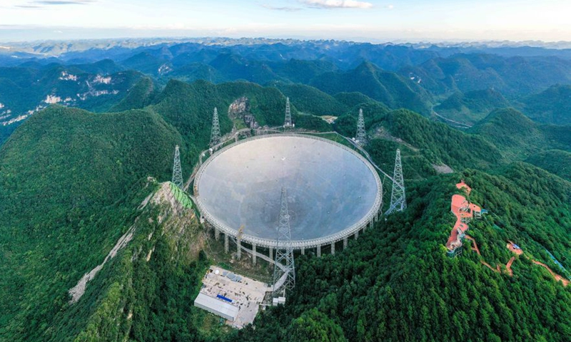 Aerial photo taken on Aug. 27, 2019 shows China's Five-hundred-meter Aperture Spherical radio Telescope (FAST) in southwest China's Guizhou Province. (Xinhua/Ou Dongqu)