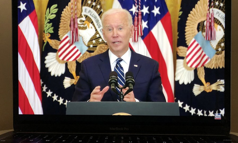 Photo taken in Arlington, Virginia, the United States, on March 25, 2021 shows a screen displaying U.S. President Joe Biden speaking during a press conference in Washington, D.C., in a live stream provided by Fox News.(Photo: Xinhua)