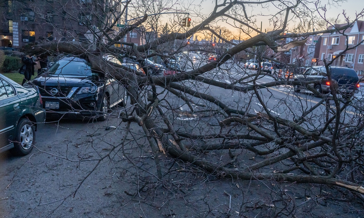 A vehicle seen smashed by a tree toppled by high winds at the Astoria neighborhood in Borough of Queens. The National Weather Service has issued a wind advisory for Friday afternoon through evening in the tristate area with wind gusts reaching 40-50 mph. Photo: VCG