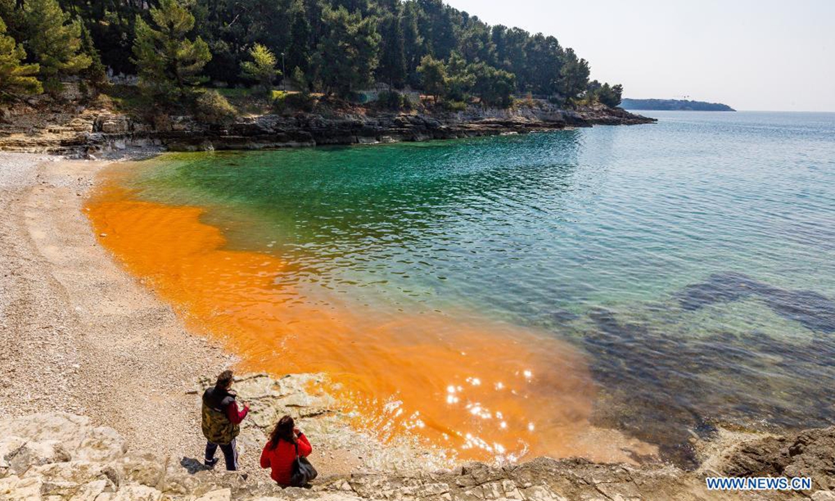 Photo taken on March 29, 2021 shows red tide at a beach in Pula, Croatia. Red tide is a burst of harmful algae growth which can turn ocean water red, brown or green. (Srecko Niketic/Pixsell via Xinhua)