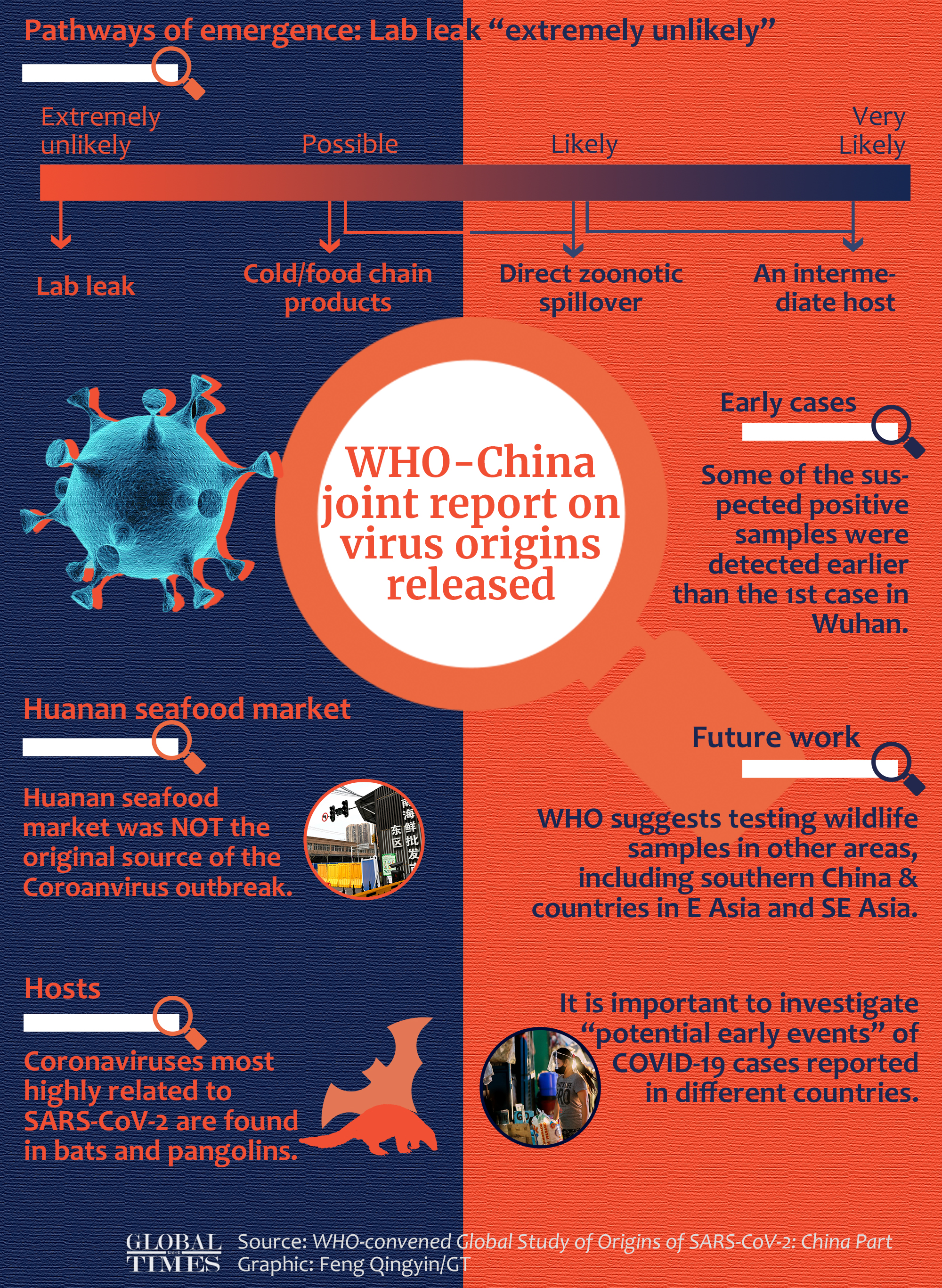 Highlights from #WHO-China joint report on coronavirus origins:
-A lab leak was extremely unlikely
-Huanan seafood market was NOT the original source of the outbreak
-It’s important to investigate “potential early events” of COVID-19 cases in different countries
Graphic: Feng Qingyin/GT