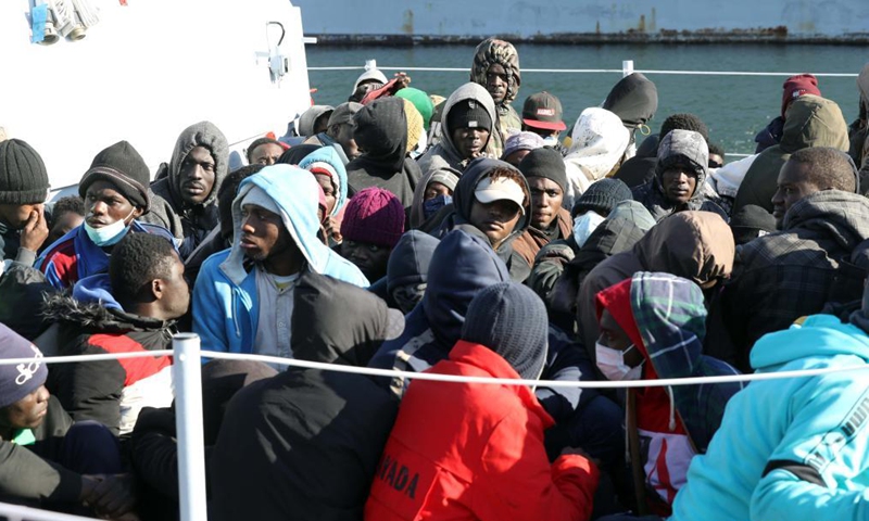 Illegal migrants arrive at a naval base in Tripoli, Libya, on March 31, 2021. The Libyan Navy on Wednesday announced rescuing a total of 163 illegal migrants of different African nationalities off the country's western coast.Photo:Xinhua