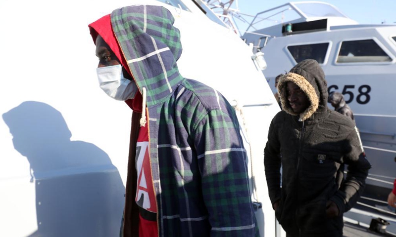 Illegal migrants arrive at a naval base in Tripoli, Libya, on March 31, 2021. The Libyan Navy on Wednesday announced rescuing a total of 163 illegal migrants of different African nationalities off the country's western coast.Photo:Xinhua