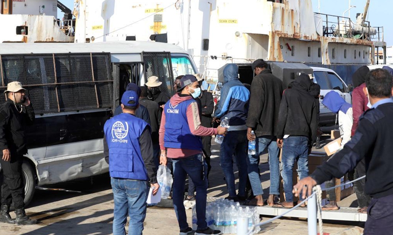 Illegal migrants arrive at a naval base in Tripoli, Libya, on March 31, 2021. The Libyan Navy on Wednesday announced rescuing a total of 163 illegal migrants of different African nationalities off the country's western coast.Photo:Xinhua