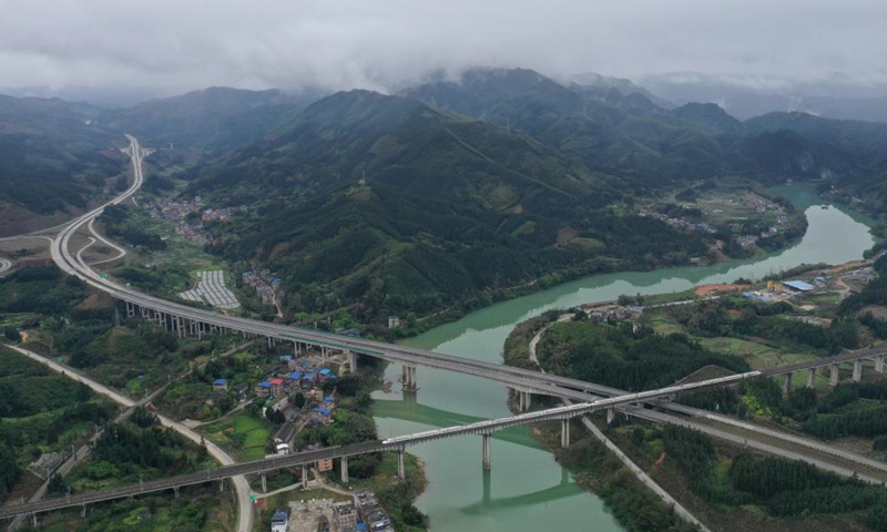 Aerial photo taken on March 20, 2021 shows the waterway, highway and railway in Sanjiang Dong Autonomous County, south China's Guangxi Zhuang Autonomous Region. Since 2016, Guangxi has promoted the construction and improvement of rural road network, with 52,900-kilometer roads built to link villages in rural areas.Photo:Xinhua