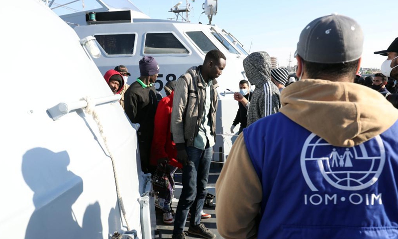 Illegal migrants arrive at a naval base in Tripoli, Libya, on March 31, 2021. The Libyan Navy on Wednesday announced rescuing a total of 163 illegal migrants of different African nationalities off the country's western coast.Photo:Xinhua