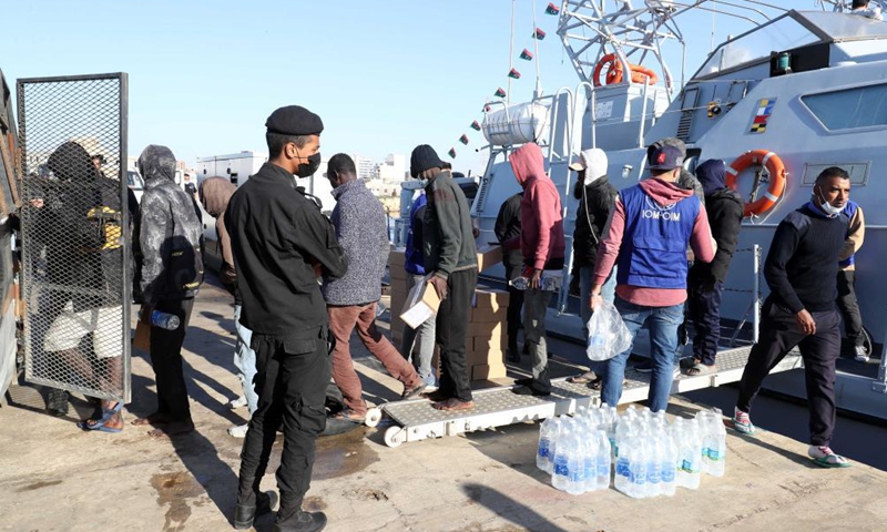 Illegal migrants arrive at a naval base in Tripoli, Libya, on March 31, 2021. The Libyan Navy on Wednesday announced rescuing a total of 163 illegal migrants of different African nationalities off the country's western coast.Photo:Xinhua