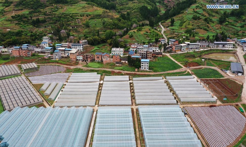 Aerial photo taken on March 31, 2021 shows a vegetable greenhouse base in Anping Town of Fengjie County, southwest China's Chongqing. By improving infrastructure, developing electric commerce and setting up industrial park for people returning to hometown, Fengjie County has found ways to boost local development.  Photo: Xinhua