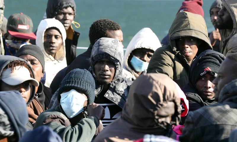 Illegal migrants arrive at a naval base in Tripoli, Libya, on March 31, 2021. The Libyan Navy on Wednesday announced rescuing a total of 163 illegal migrants of different African nationalities off the country's western coast.Photo:Xinhua