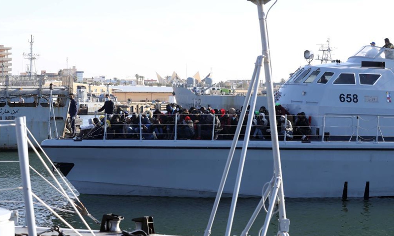 Illegal migrants arrive at a naval base in Tripoli, Libya, on March 31, 2021. The Libyan Navy on Wednesday announced rescuing a total of 163 illegal migrants of different African nationalities off the country's western coast.Photo:Xinhua