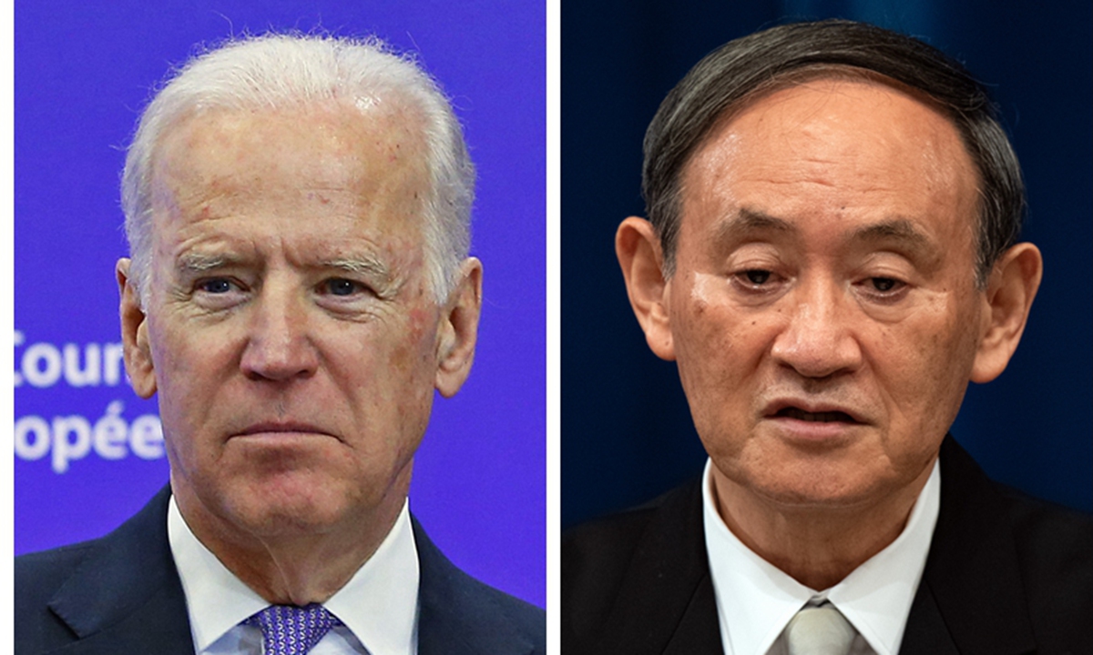 Combo photo shows U.S. President Joe Biden (L) and Japanese Prime Minister Yoshihide Suga on different occasions. (Xinhua)