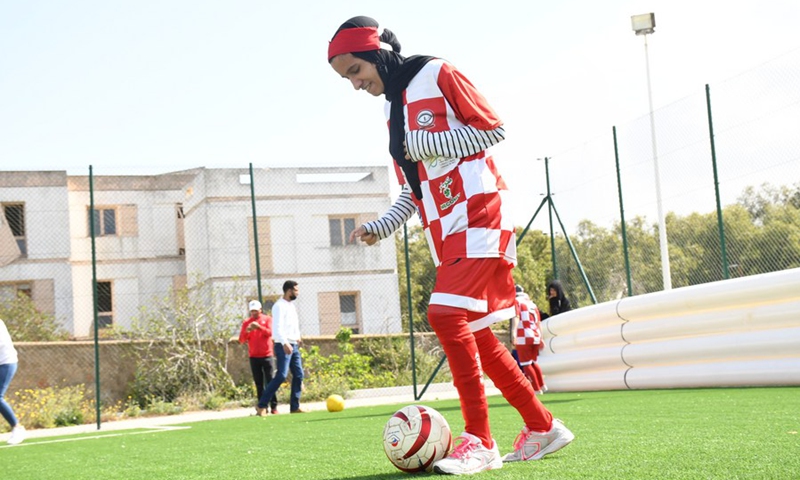 A member of Morocco's first blind women football team trains in Rabat, Morocco, on April 3, 2021.(Photo: Xinhua)