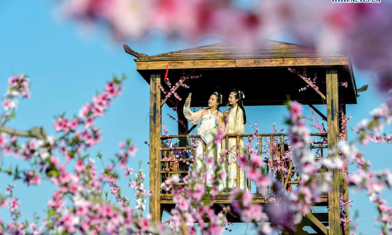 Tourists enjoy flowers at a peach garden demonstration area in Nanbu Township of Handan City, north China's Hebei Province, April 4, 2021. Peach blossoms are in full bloom in Nanbu Township, attracting many tourists. (Xinhua/Wang Xiao)