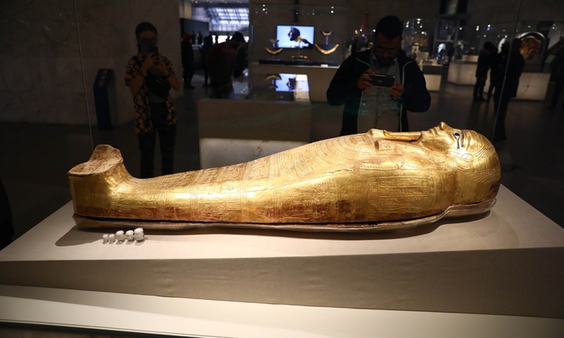 A pharaoh's mummy coffin is on display at the National Museum of Egyptian Civilization in Cairo, Egypt, April 4, 2021, as its main hall opens for visitors for the firs time.(Photo: Xinhua)